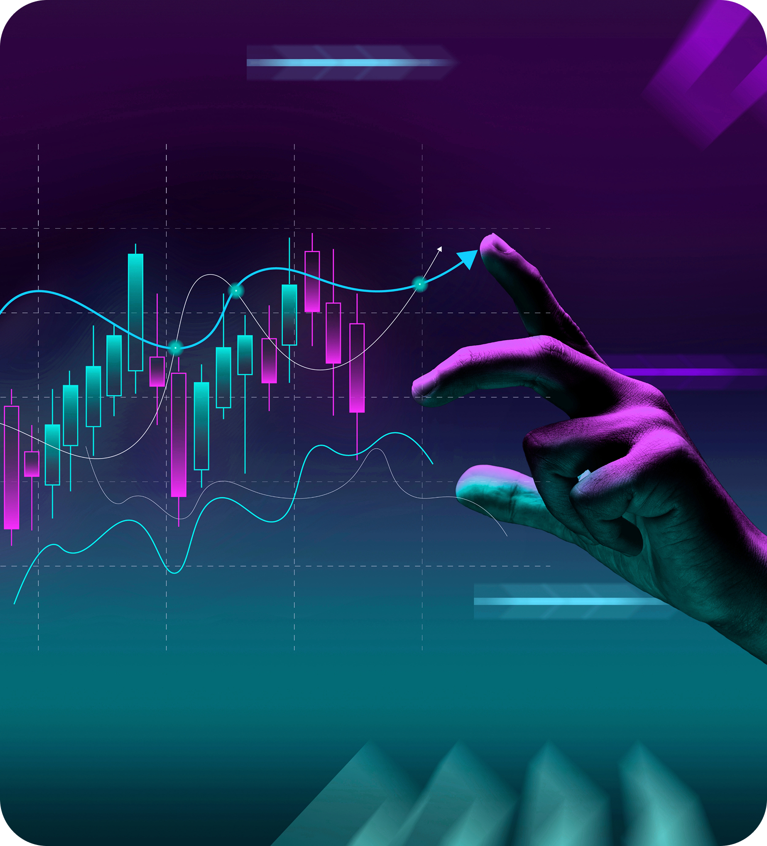 Un geste de la main pointe vers un graphique de trading de swing sur un fond violet frappant, mettant en évidence les principaux mouvements du marché et les données.