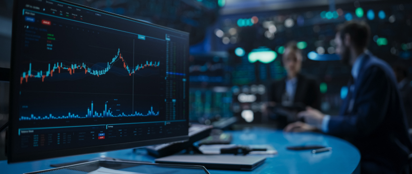A stock market office with a focus on a computer screen displaying financial charts. In the background, two blurred figures are in discussion.