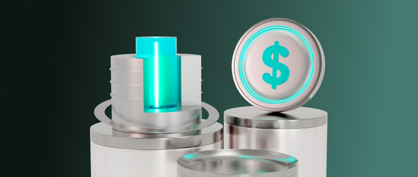 Moeda de dólar em 3D e ícones financeiros representando a análise de negociação Forex.