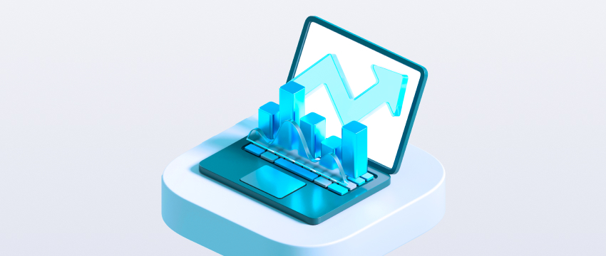 A 3D illustration of a laptop with an upward blue arrow and bar graph on the screen, symbolizing growth and mt4 indicators and success in a minimalist, futuristic style.