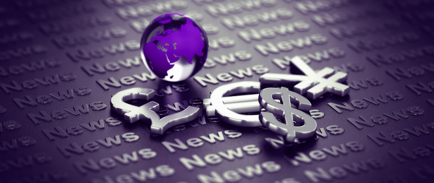 An image featuring various currency symbols (dollar, euro, yen, pound) alongside the word "news" in a dynamic layout.