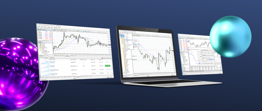 <p>Trois ordinateurs portables et un moniteur affichent des écrans de trading, symbolisant le succès dans l'analyse fondamentale et technique pour les traders.</p>