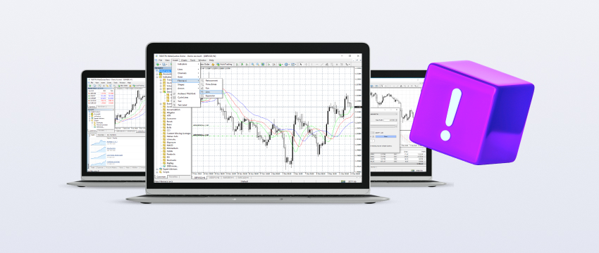 Three laptops with the word "alert" on their screens, indicating forex trade notifications via MetaTrader 4.