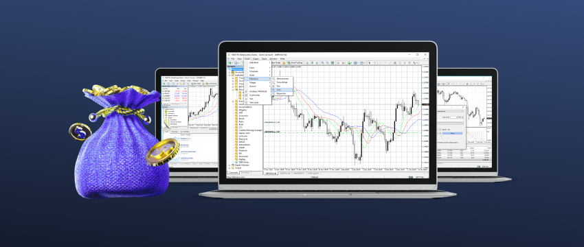 A laptop and a bag displaying a chart, representing resources for trading on the MetaTrader 4 (MT4) platform.