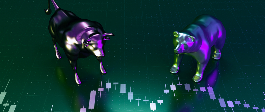 A bull and bear depicted on a stock market chart, representing fluctuations in forex trading currency pairs.